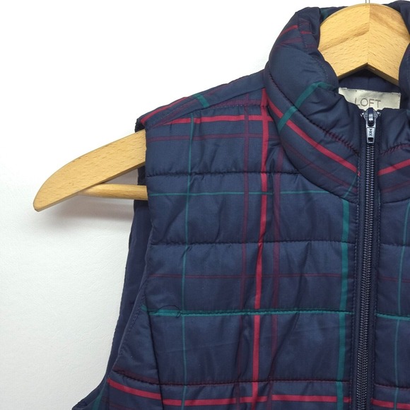 LOFT Puffer Vest Womens Small Navy Plaid Clueless Preppy Academia Style Full Zip - Picture 9 of 16